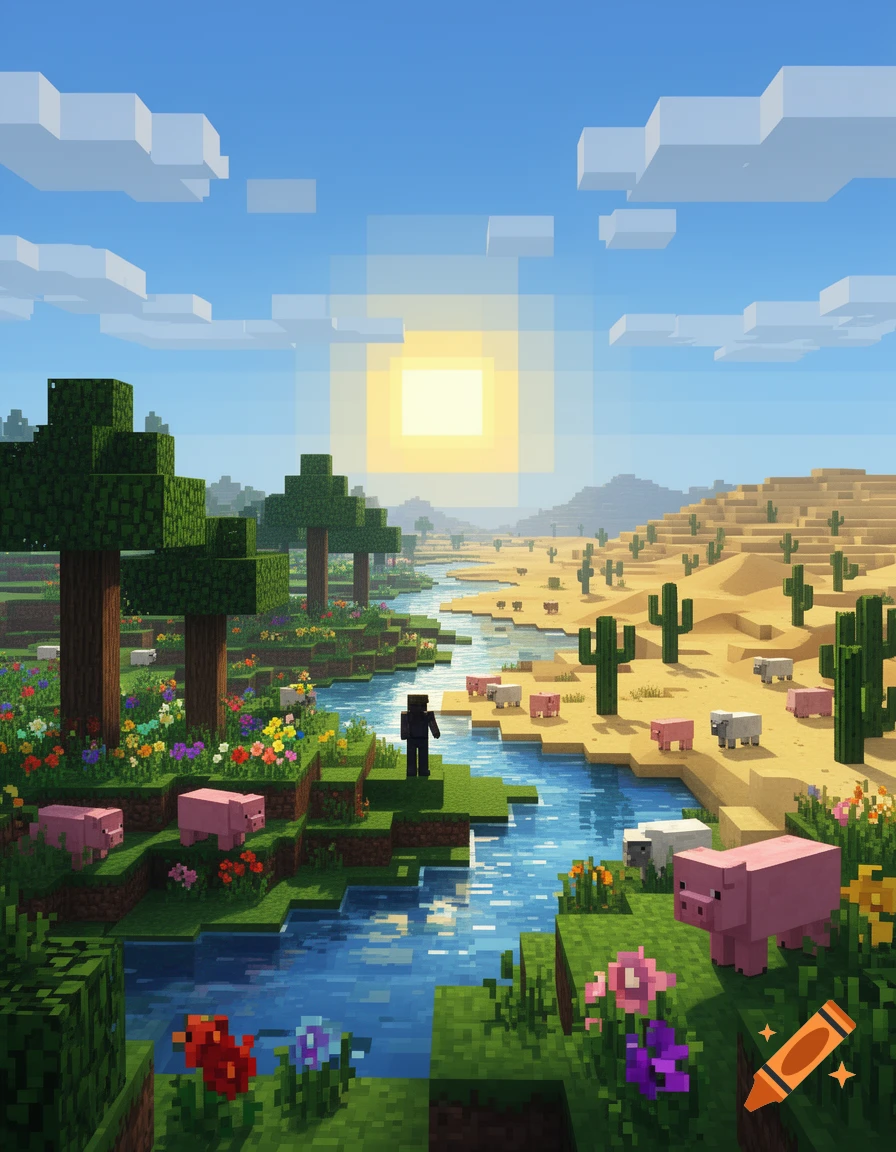 A pixelated Minecraft-style landscape featuring a river separating a green grassy area with trees, flowers, and pigs from a sandy desert with cacti, hills, and sheep, all under a bright sun.