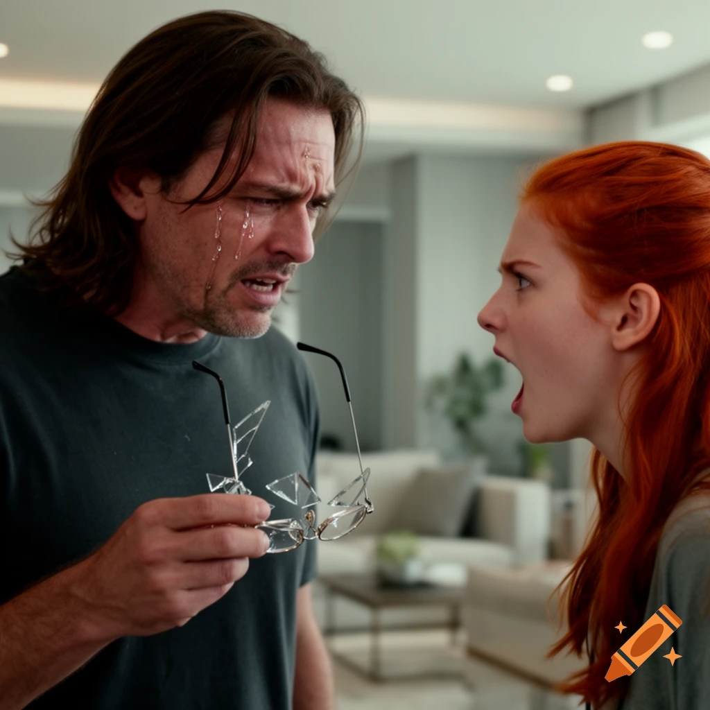 A crying man with long dark hair holds broken glasses while a red-headed woman screams at him during an argument.