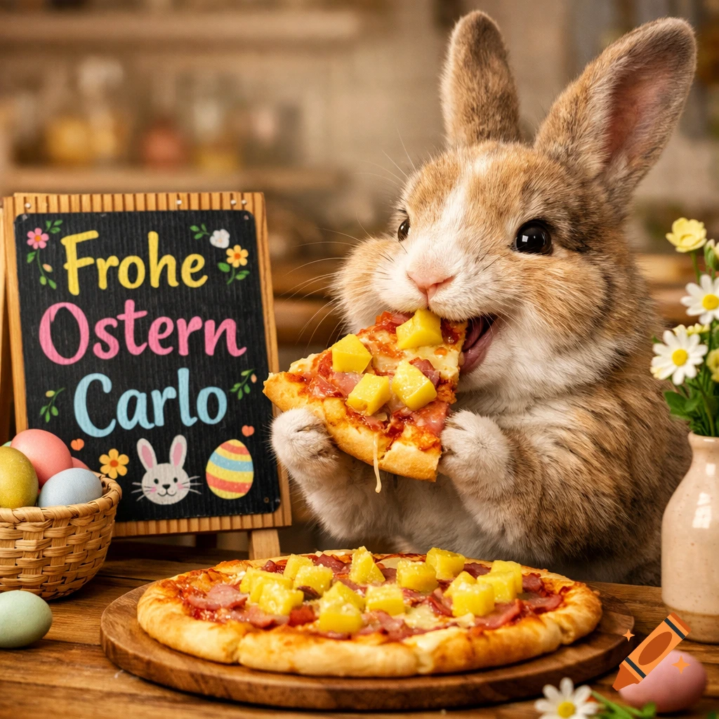A fluffy Easter bunny eats pineapple pizza beside a blackboard with 'Frohe Ostern Carlo' and a basket of colorful Easter eggs.