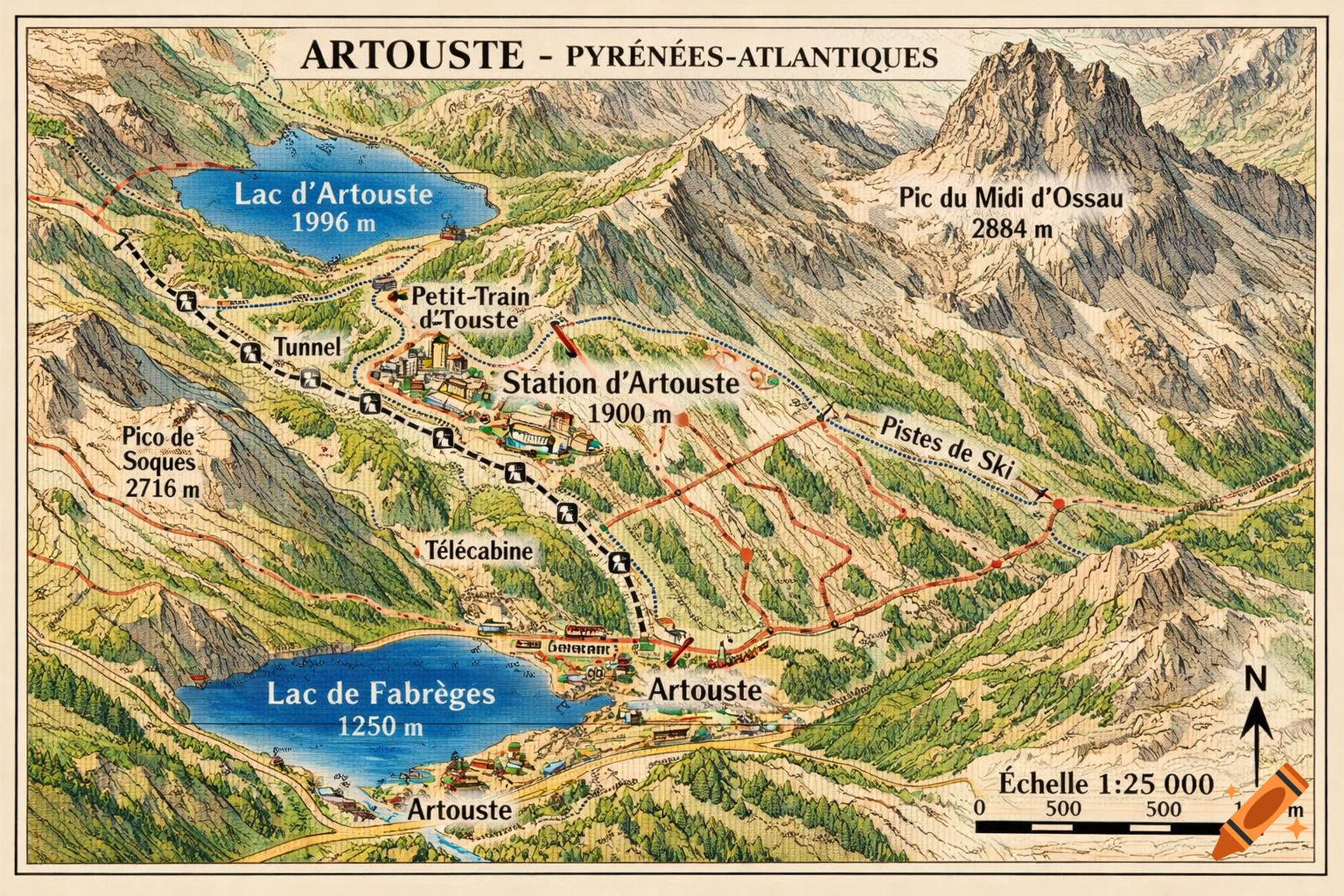 Detailed topographic map of Artouste, French Pyrénées-Atlantiques, showing Lac d'Artouste, Lac de Fabrèges, ski slopes, and train routes.