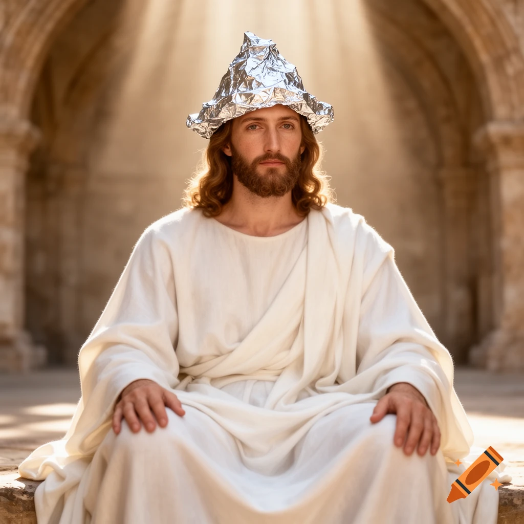 A man resembling Jesus Christ sits under a beam of light, wearing a crinkled tinfoil hat, in an ancient stone setting.