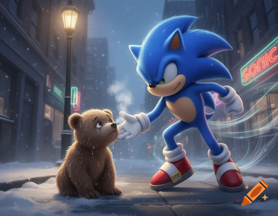 Sonic the Hedgehog comforts a crying baby bear on a snowy city street at night, with a glowing street lamp and neon signs.