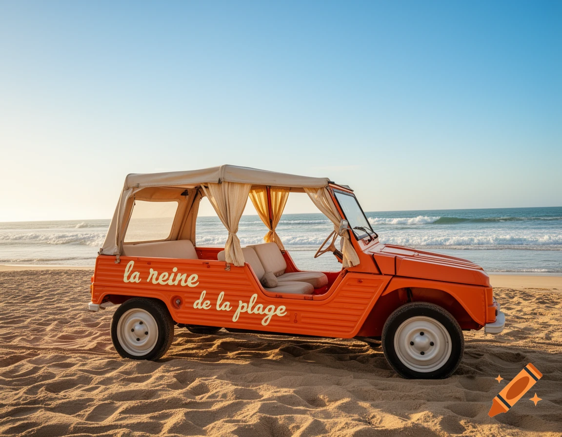 An orange car with a fabric roof and 'la reine de la plage' written on its side, parked on a sunny beach near the ocean.