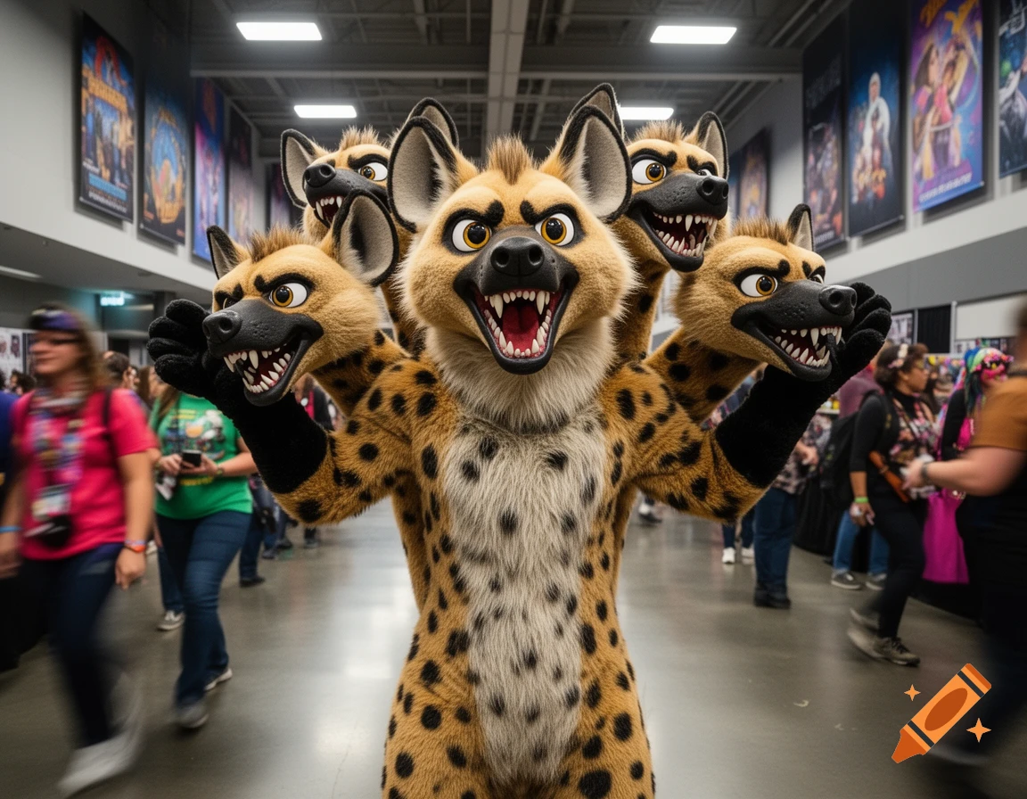 A person in a spotted, multi-headed hyena fursuit poses excitedly in a crowded convention hall.