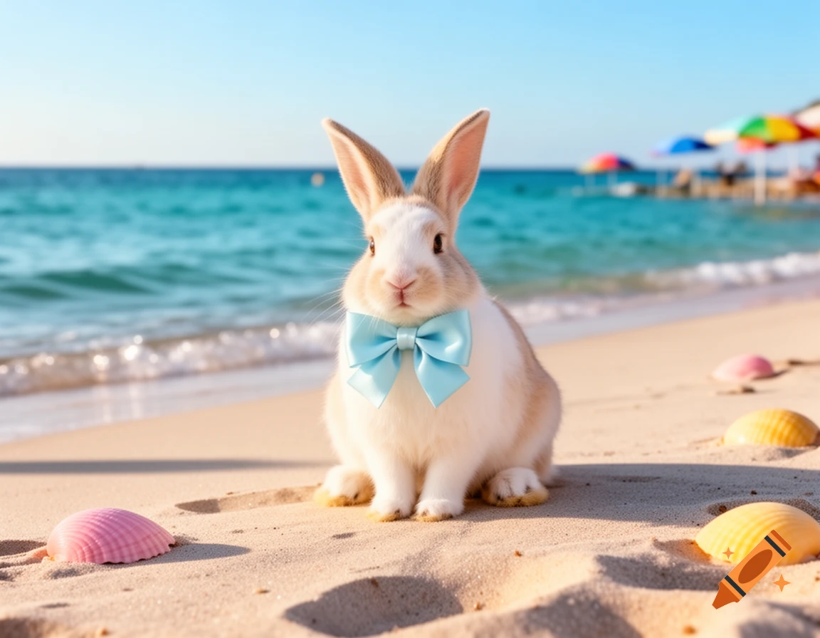 A photorealistic image of a fluffy white and brown rabbit wearing a blue bow tie, sitting on a sandy beach with blue ocean waves.