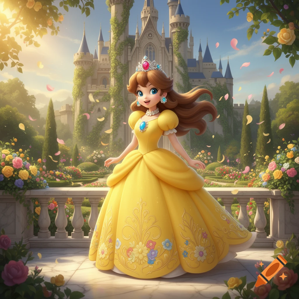 Princess Daisy in a bright yellow ball gown and tiara, standing in a magical garden with a grand castle in the background, petals falling.