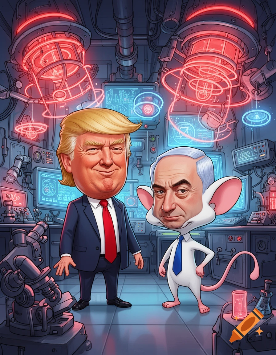 Cartoon caricature of Donald Trump and Benjamin Netanyahu (as The Brain) standing in a futuristic lab.