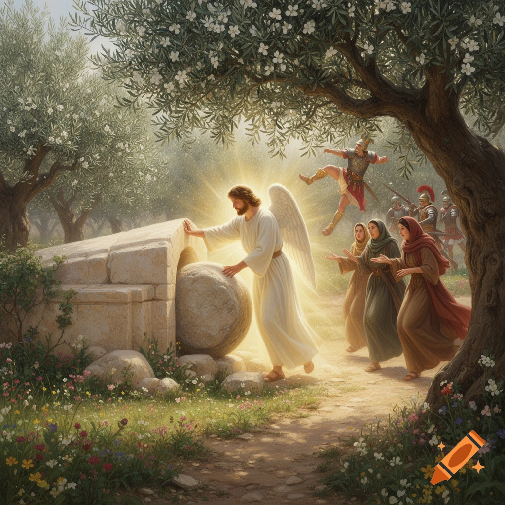 Jesus, depicted as a glowing angel with wings, rolls a large stone away from an open tomb in a garden. Three women recoil in the foreground while Roman soldiers are thrown into the air in the background.