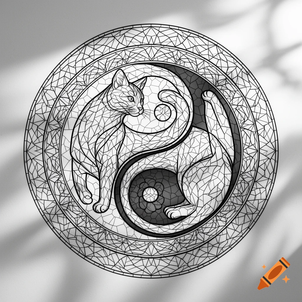 A black and white mosaic stained glass mandala featuring two cats forming a yin and yang symbol.