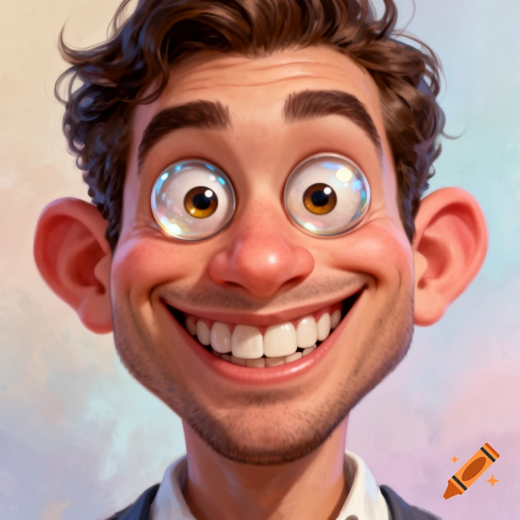 3D cartoon caricature of a smiling man with large, round eyes and huge white teeth.