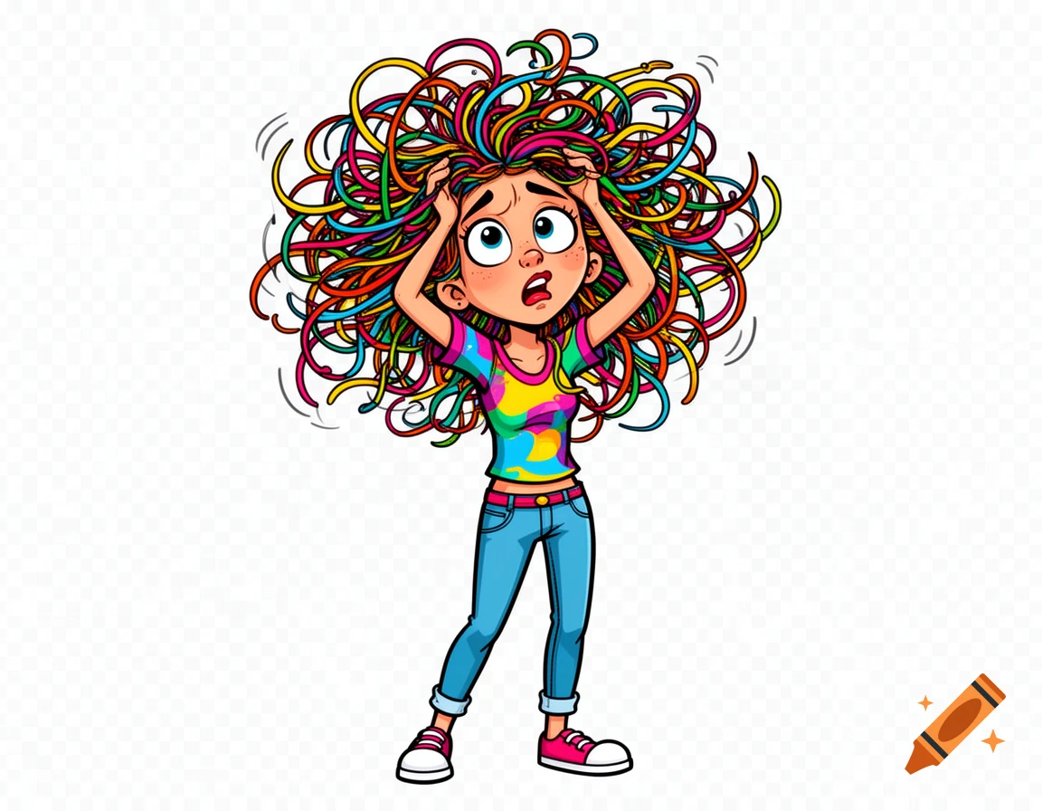 Cartoon of a distressed young woman with tangled, multi-colored hair, holding her hands to her head, on a transparent background.