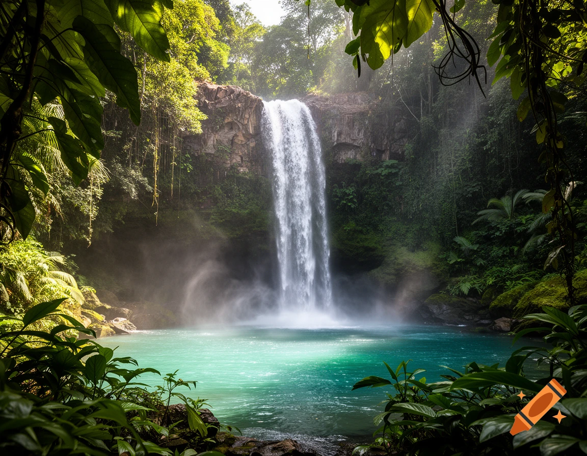 Photorealistic image of a stunning waterfall cascading into a crystal clear turquoise pool surrounded by lush tropical forest.