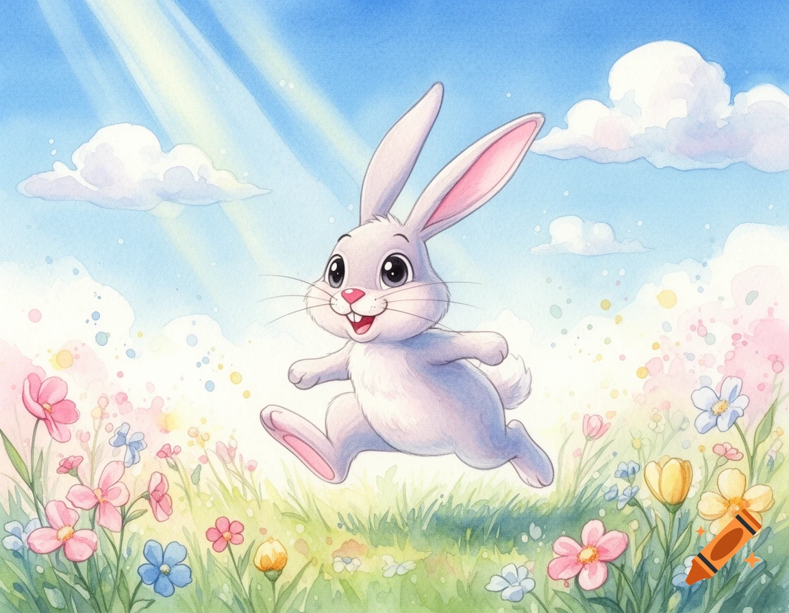 A cute watercolor cartoon bunny hops joyfully through a field of colorful flowers under a bright blue sky.