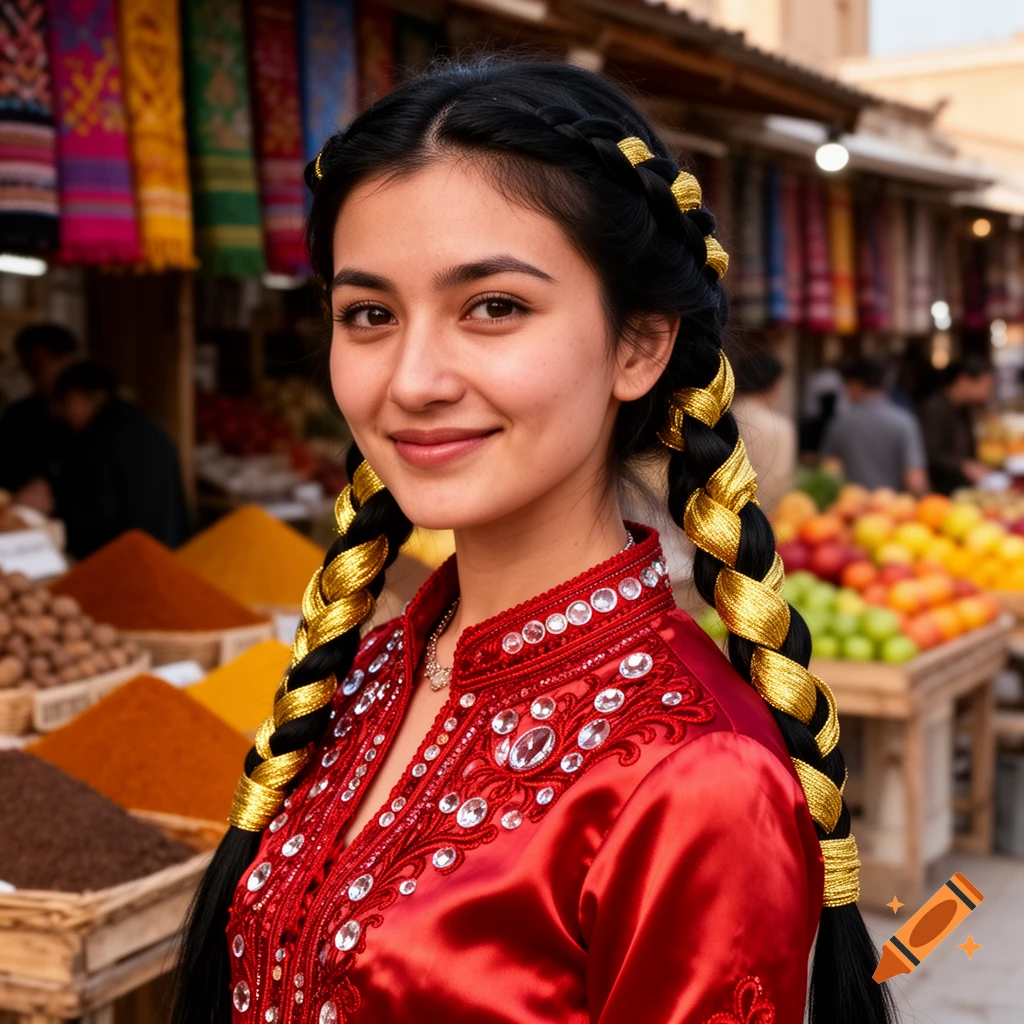 A young woman with black braids wrapped in gold thread, wearing a red embroidered dress, smiles in a bustling market with colorful spices and fruits.