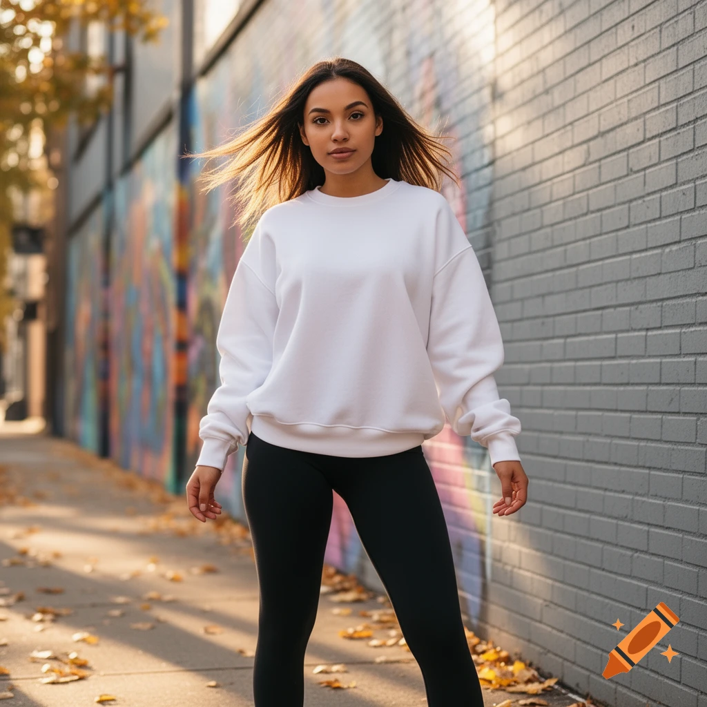 Young woman in a white sweatshirt and black leggings standing on a city sidewalk next to a graffiti wall.