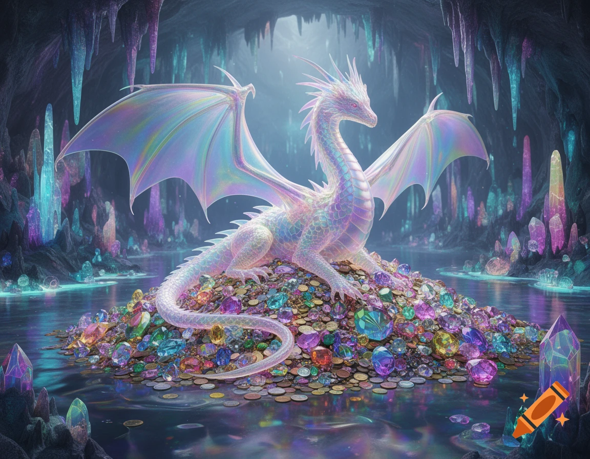 A vibrant, iridescent dragon sits on a vast hoard of colorful gems and coins in a glowing, crystal-filled cavern.