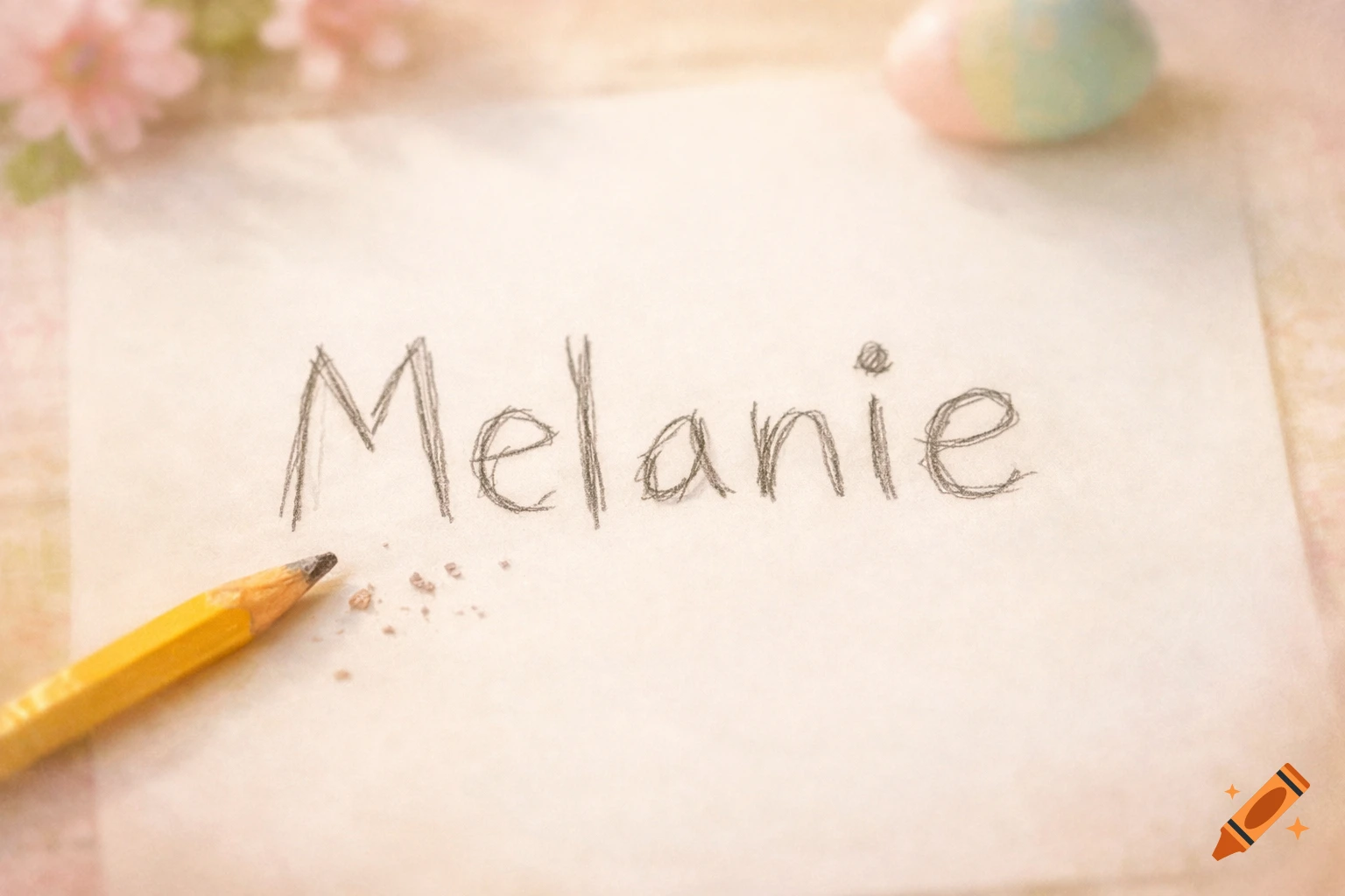 The name "Melanie" is written in shaky, child-like pencil script on a piece of paper, with a yellow pencil and eraser visible.