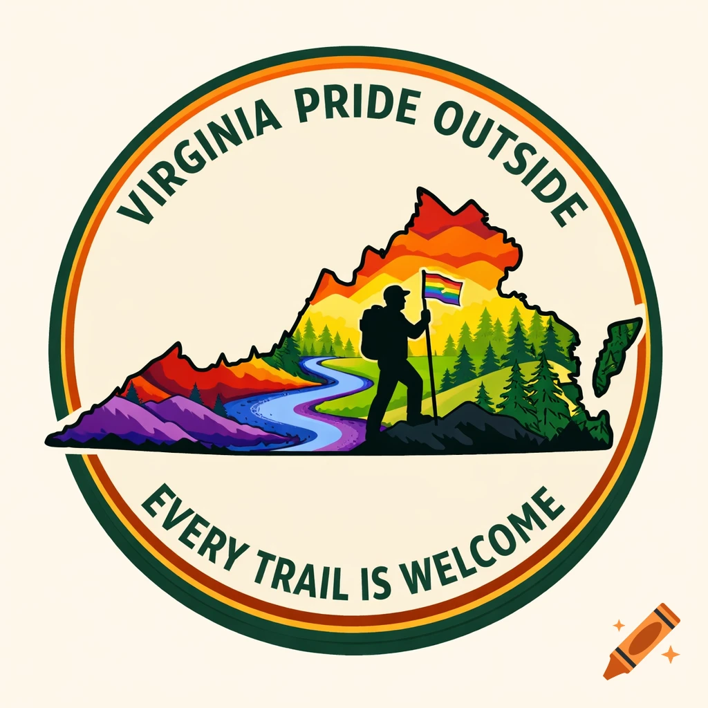 A circular badge with Virginia state outline filled with rainbow-colored mountains, trees, and a river. A hiker holds a Pride flag. Text reads 'VIRGINIA PRIDE OUTSIDE EVERY TRAIL IS WELCOME'.