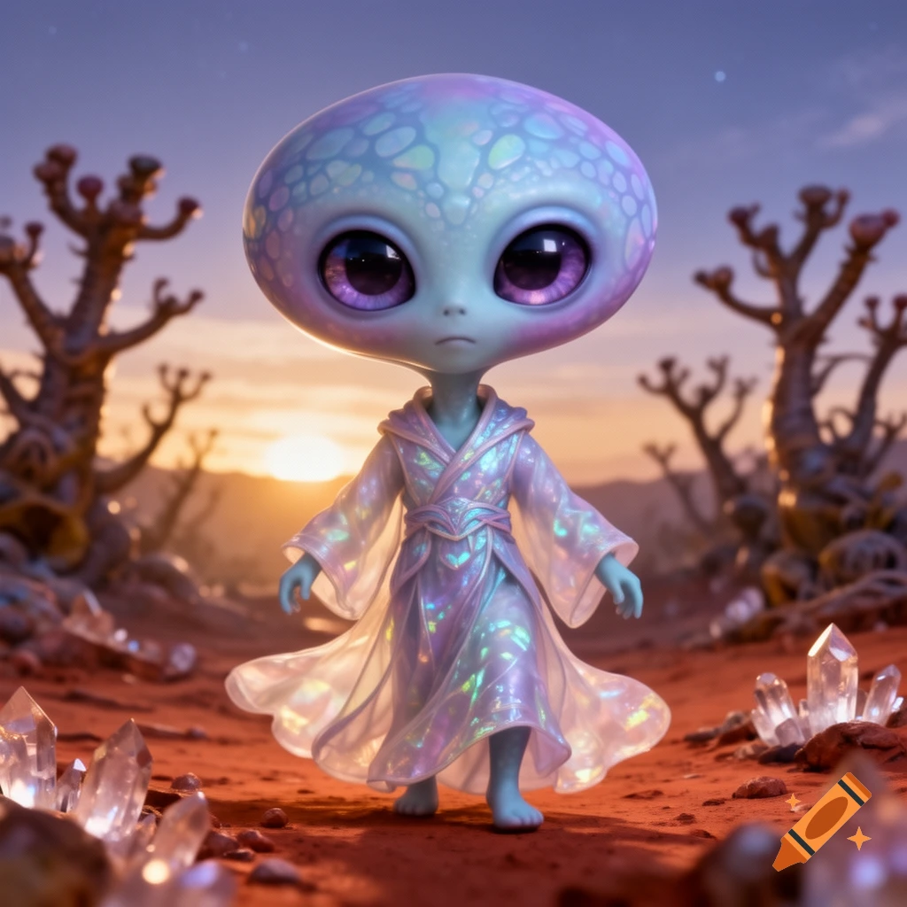 A cute, big-eyed alien in a shiny, iridescent robe stands on a red alien landscape with crystals and barren trees under a sunset sky.