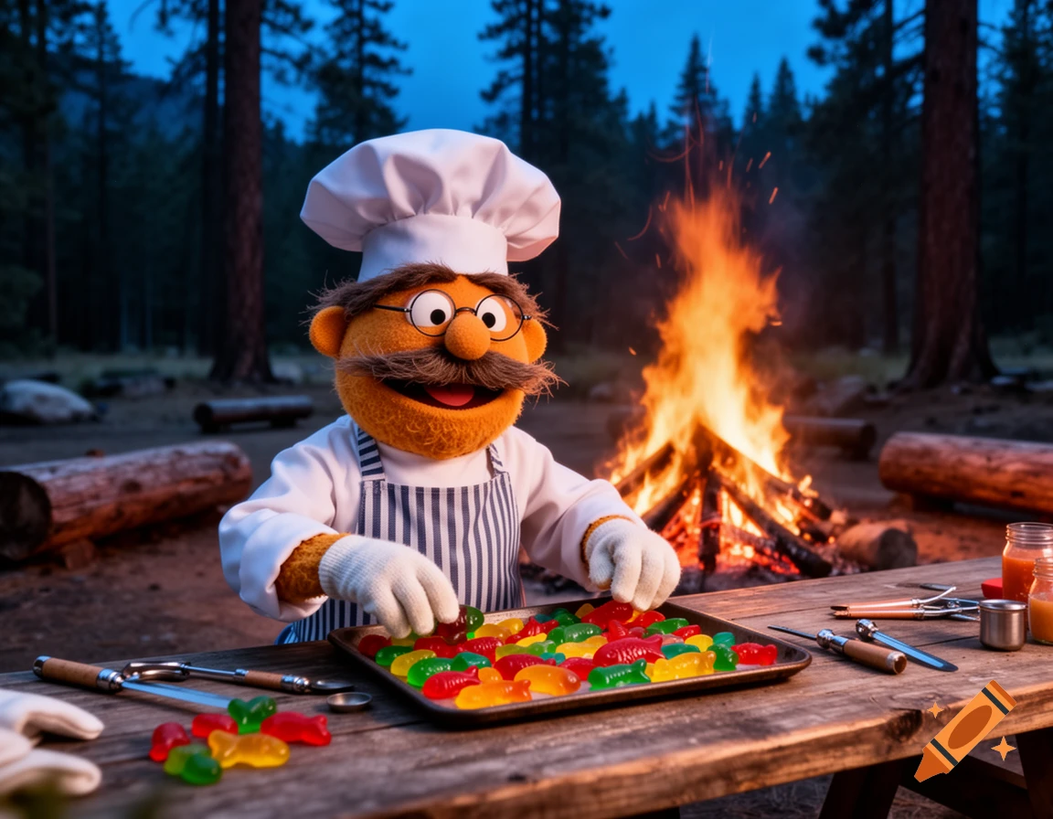 Photorealistic Swedish Chef Muppet preparing Swedish Fish candies on a wooden table at a forest campsite with a glowing bonfire.