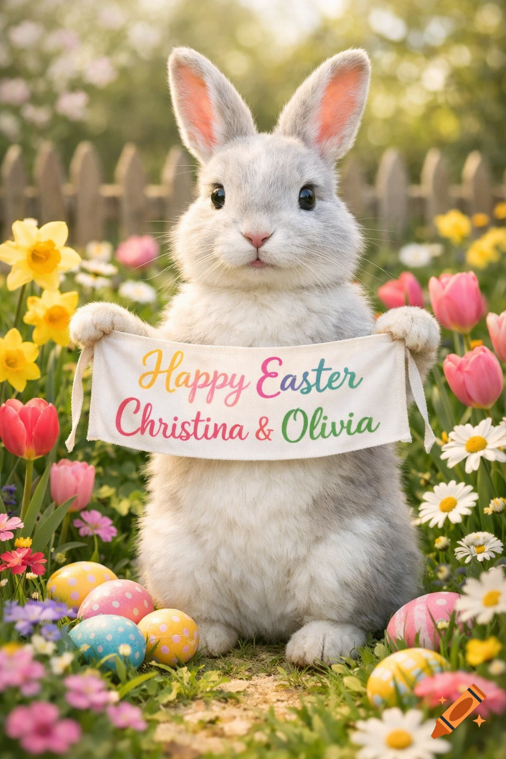 A fluffy gray Easter bunny holds a banner saying "Happy Easter Christina & Olivia" amidst spring flowers and colorful eggs.