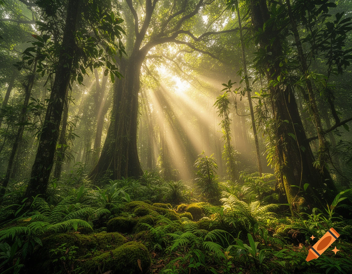 Sunlight beams through the misty canopy of a lush, ancient tropical ...