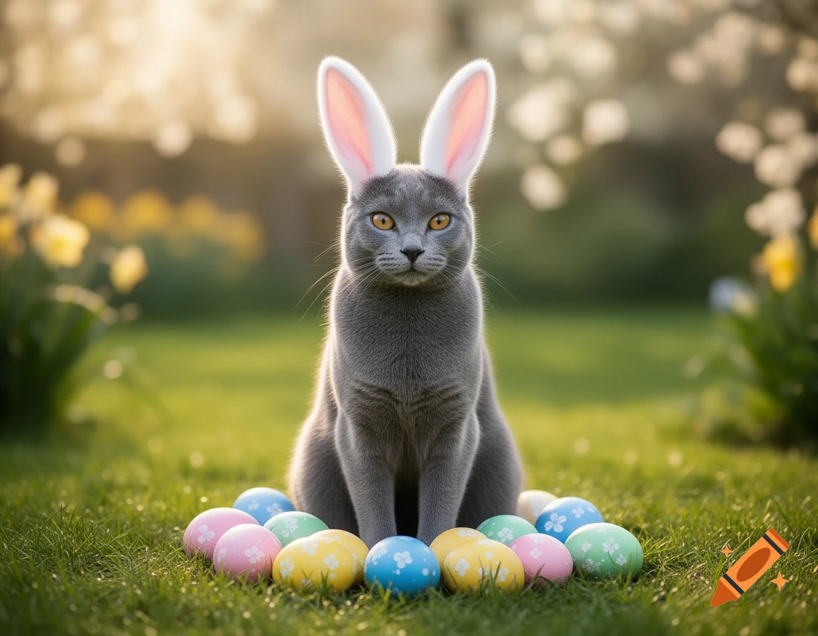 A photorealistic Russian Blue cat with white rabbit ears sits among colorful Easter eggs in a sunny green garden.
