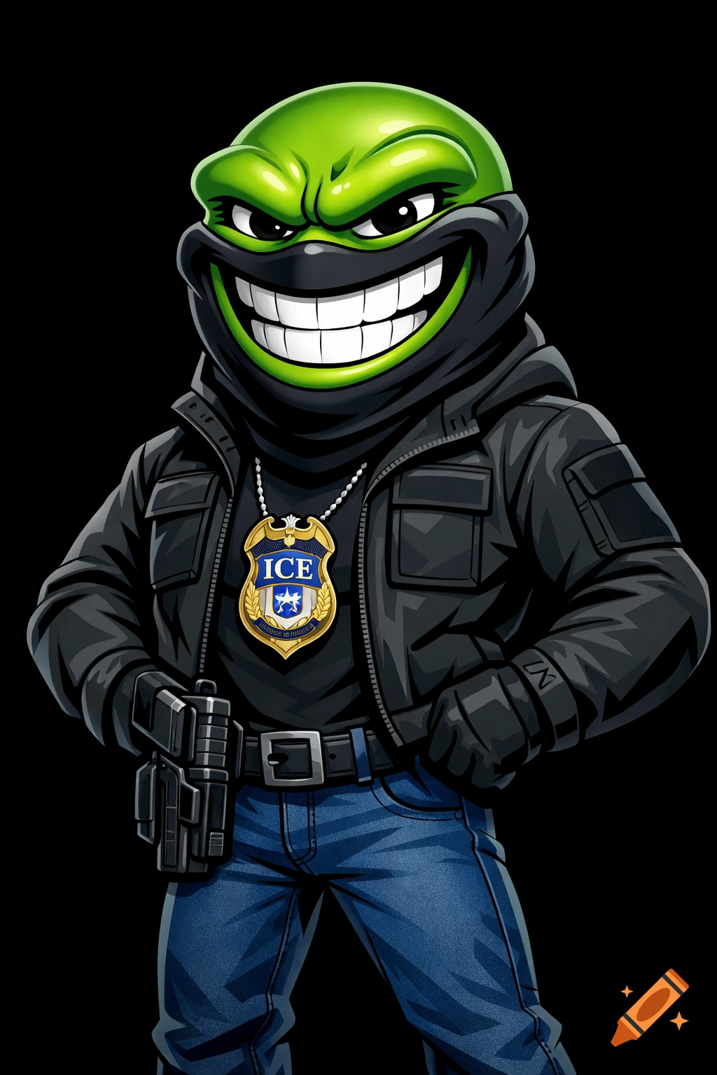 Cartoon mascot character with a green face, wide grin, black tactical mask, wearing a tactical jacket, jeans, holstered pistol, and an ICE badge.