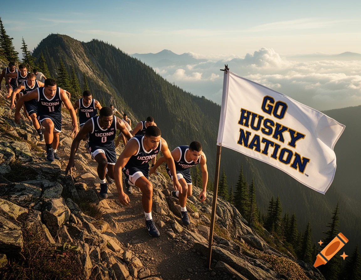 UConn basketball players hike up a rocky mountain trail under a clear sky, past a flag reading 'GO HUSKY NATION'.