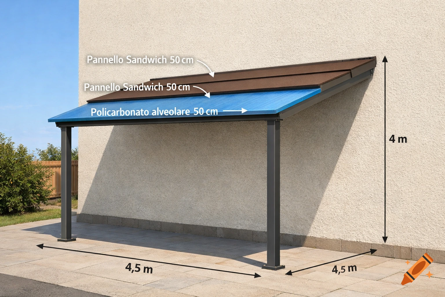 Photorealistic illustration of a lean-to roof structure attached to a house wall, with dimensions and material labels in Italian.
