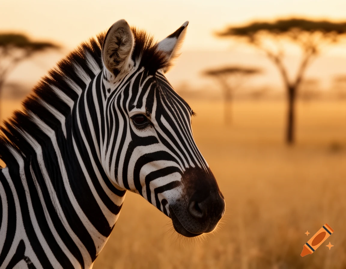 Photorealistic close-up of a zebra's head against a golden sunset savanna background with acacia trees.