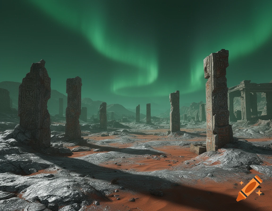 Ancient ruins with intricate carvings on a barren, rocky, and sandy planet surface under a vibrant green aurora borealis in the night sky.