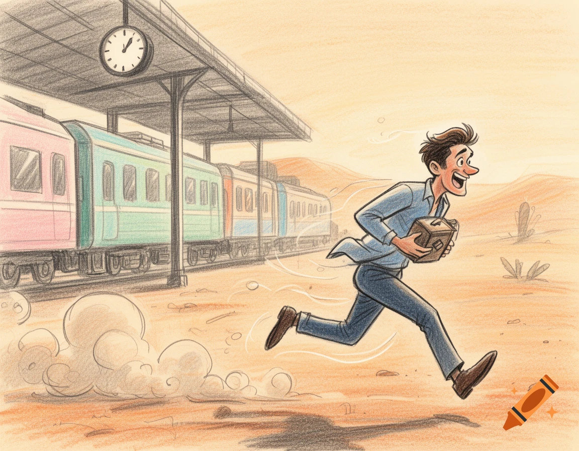 Crayon-style illustration of a man with a box running from a train at a desert train station, a clock visible on the platform.