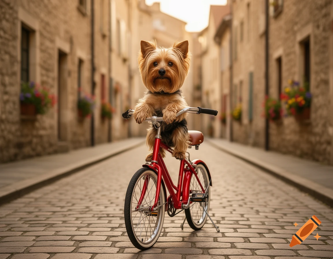 A cute Yorkshire Terrier dog riding a red bicycle down a cobblestone street lined with old buildings in an old town.