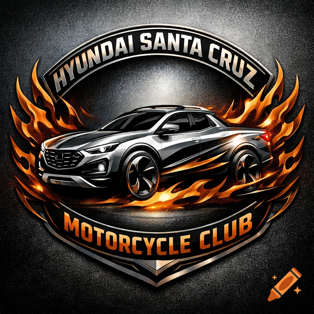 Metallic logo featuring a silver Hyundai Santa Cruz car surrounded by orange flames, with text 'Hyundai Santa Cruz' and 'Motorcycle Club'.