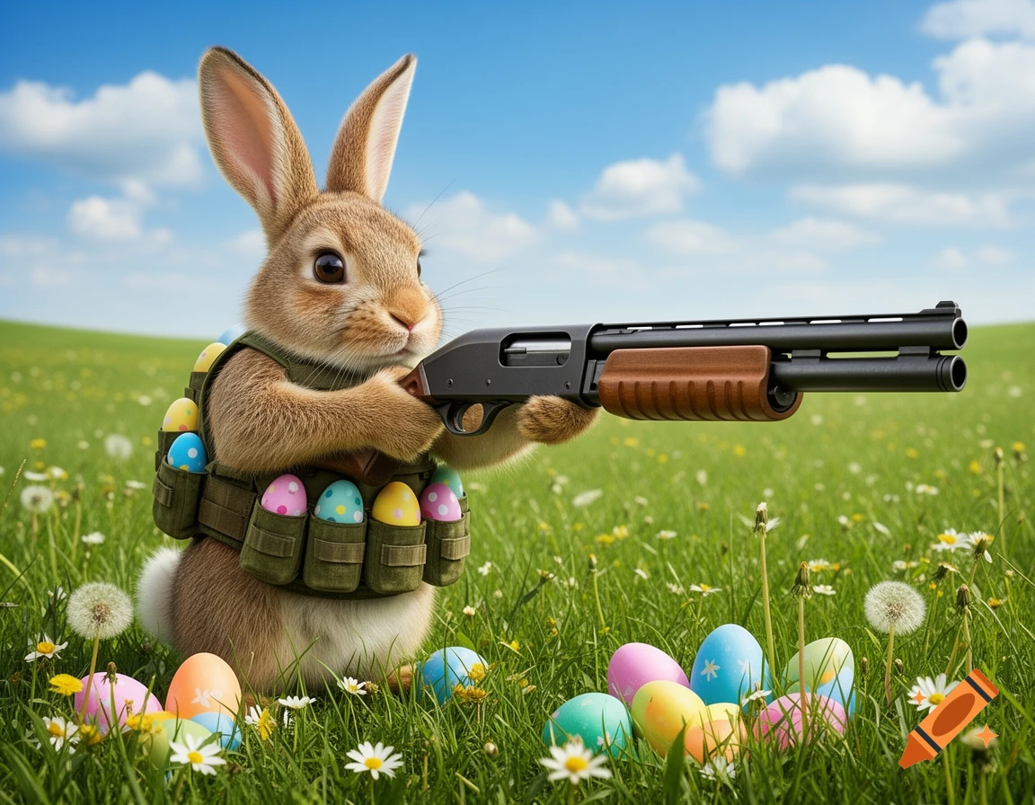 A photorealistic bunny in a tactical vest loaded with Easter eggs holds a shotgun in a spring meadow with colorful eggs.