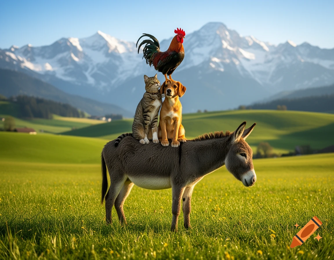 A donkey, cat, dog, and rooster are stacked atop each other in a grassy field with snow-capped mountains in the background.