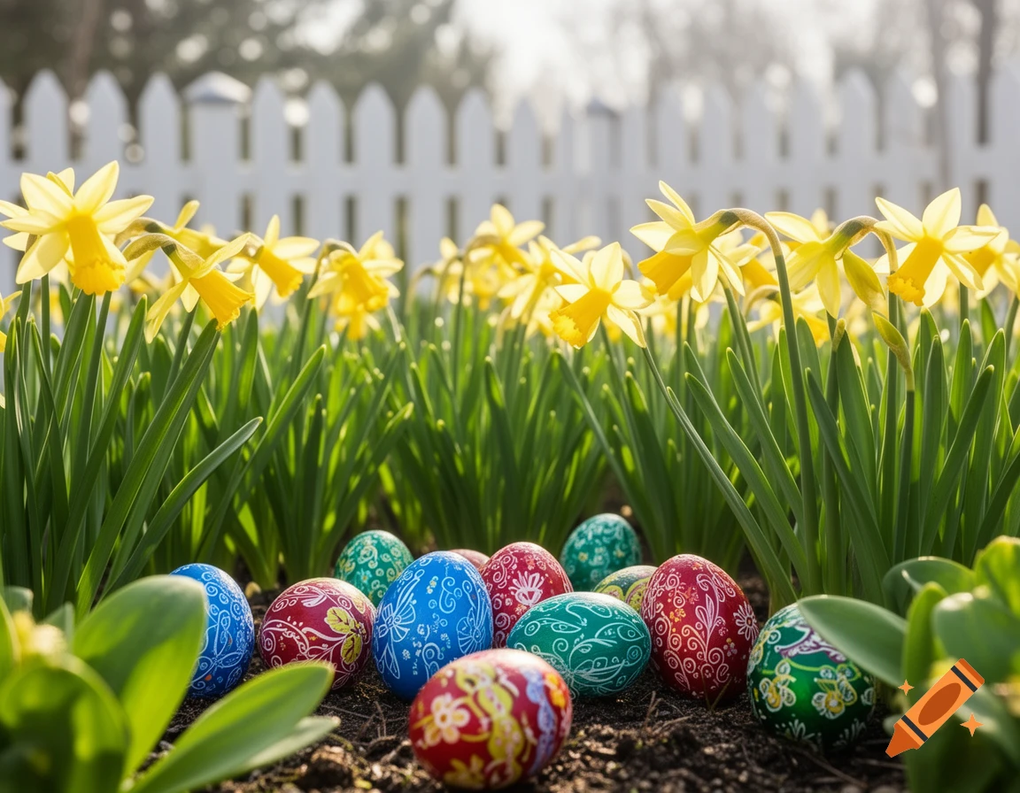 Colorful patterned Easter eggs lie in soil amidst bright yellow daffodils, with a blurred white picket fence in the background.