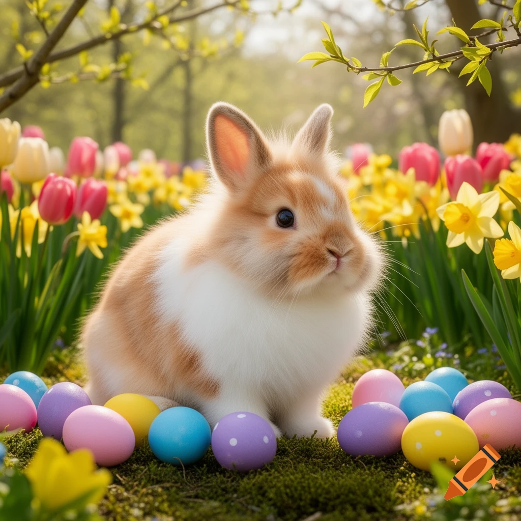 A fluffy brown and white bunny sits among colorful Easter eggs in a vibrant spring field of tulips and daffodils.