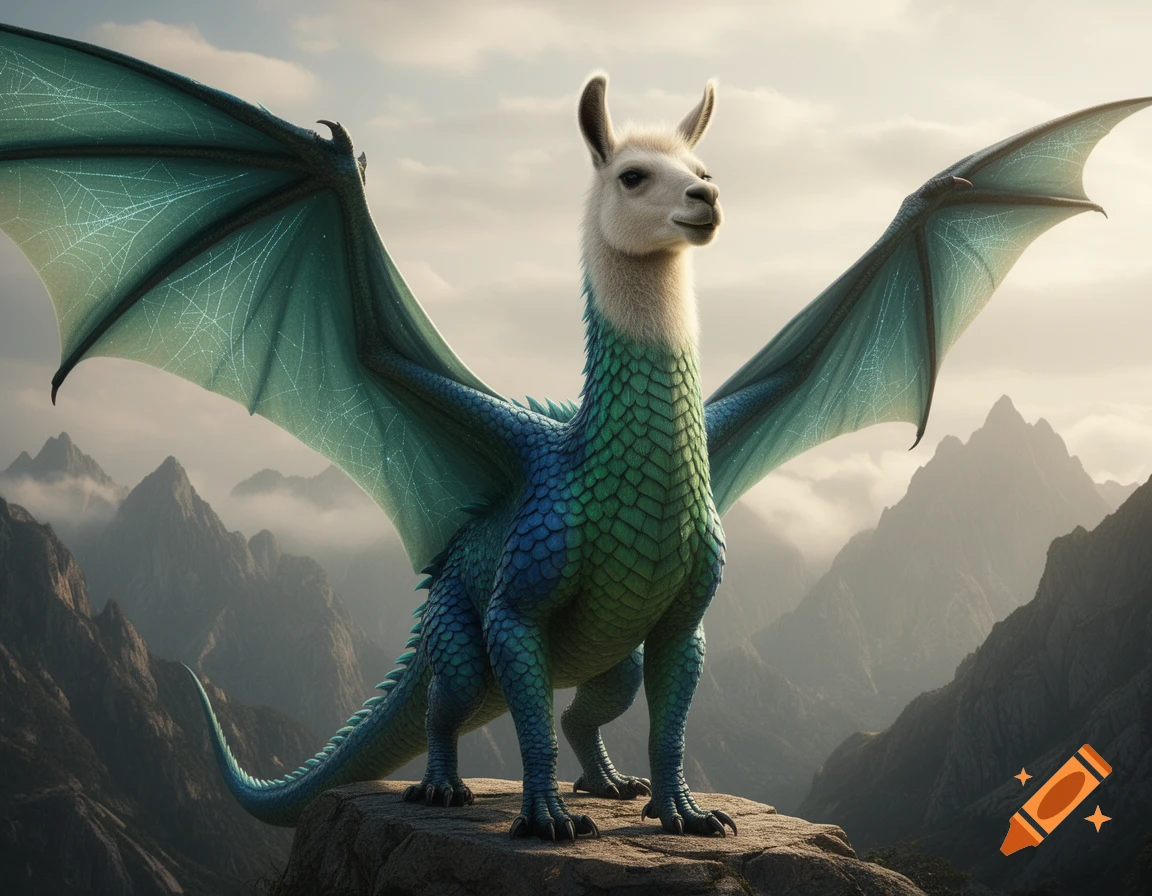 Photorealistic image of a majestic green and blue dragon with a llama head, standing on a mountain peak.