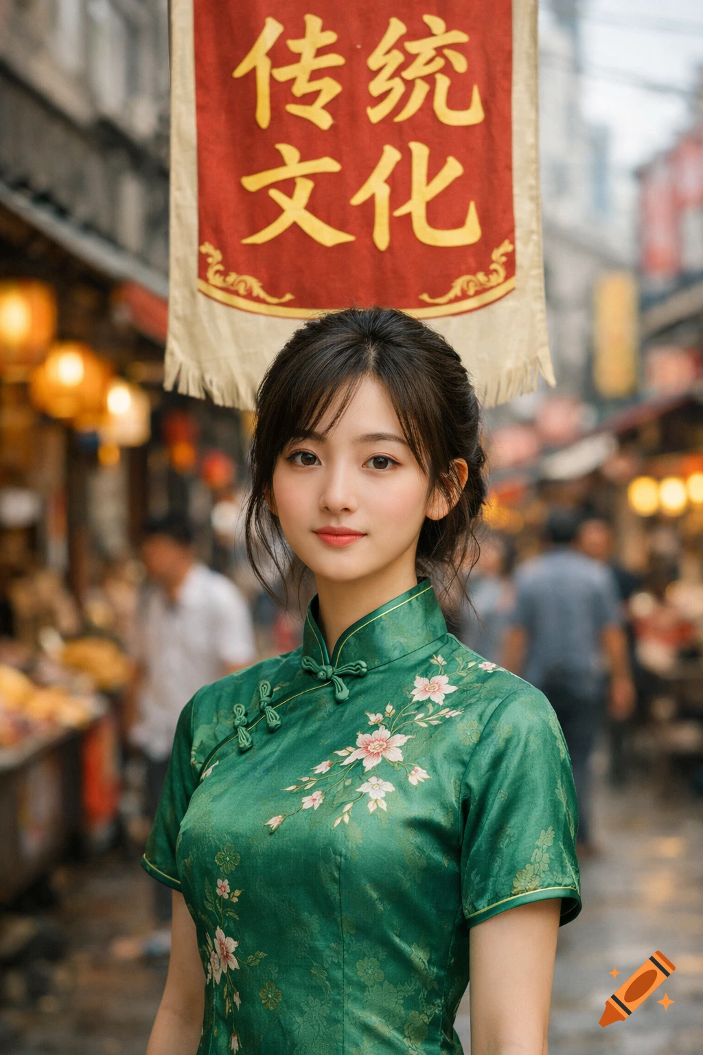 Photorealistic portrait of a young woman in a green floral cheongsam in a bustling Asian street market under a banner with Chinese text.