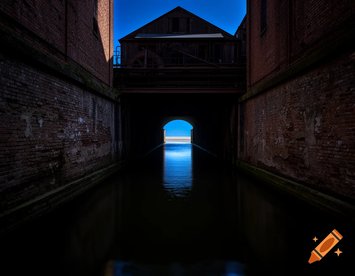 Dark canal tunnel between old brick buildings, with an industrial structure above, opening to bright blue water and sky.