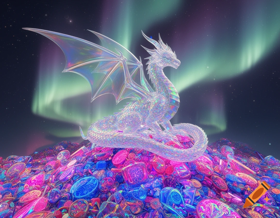 A shimmering transparent crystal dragon sits atop a huge pile of colorful, glowing psychedelic gems under a night sky with a vibrant aurora borealis.