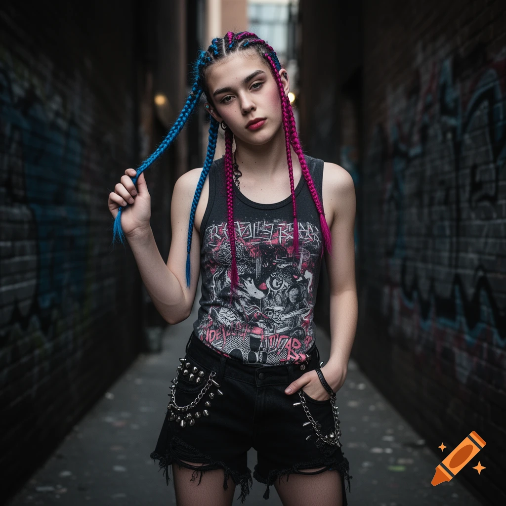 A young person with blue and pink braids, wearing a punk graphic tank top and studded shorts, stands in a dark alley with graffiti. Photorealistic.