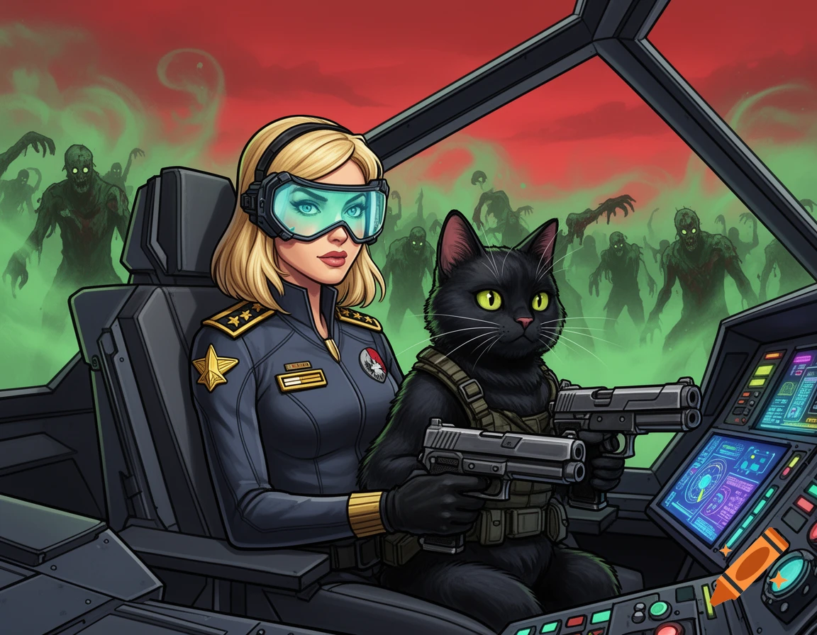 A blonde lieutenant commander and her black cat co-pilot in a fighter jet cockpit, battling a horde of green zombies outside in a cartoon style.