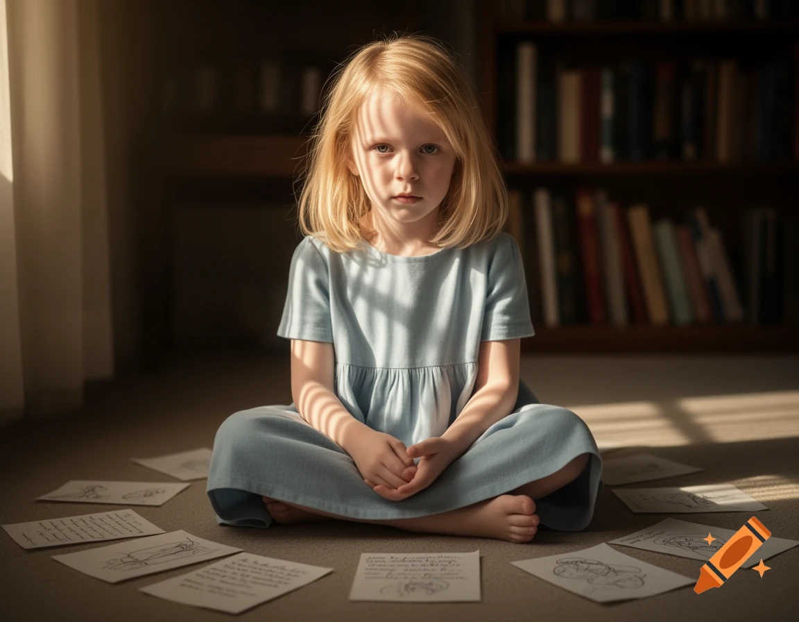 A blonde girl sits cross-legged on the floor, surrounded by papers, with striped sunlight on her face and a bookshelf in the background.