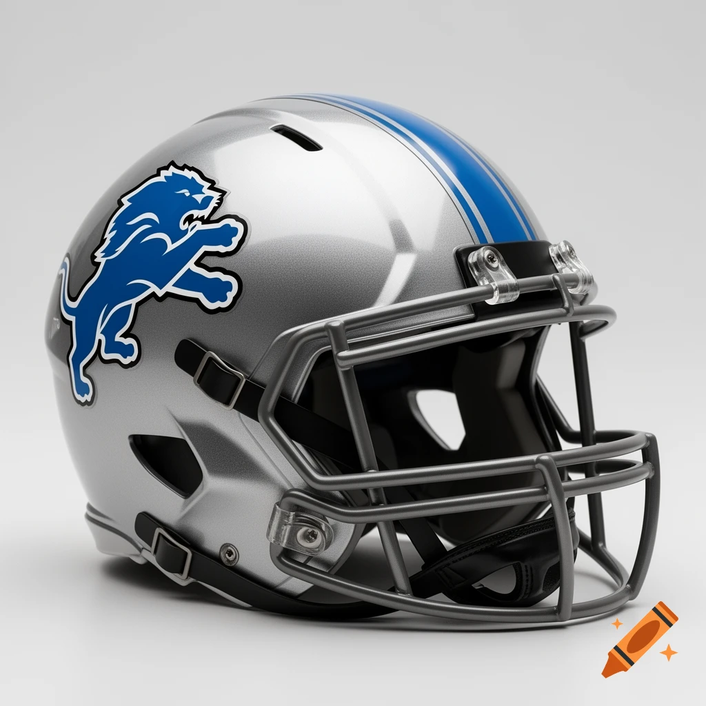 A photorealistic silver and blue Detroit Lions football helmet with a blue lion logo on the side.