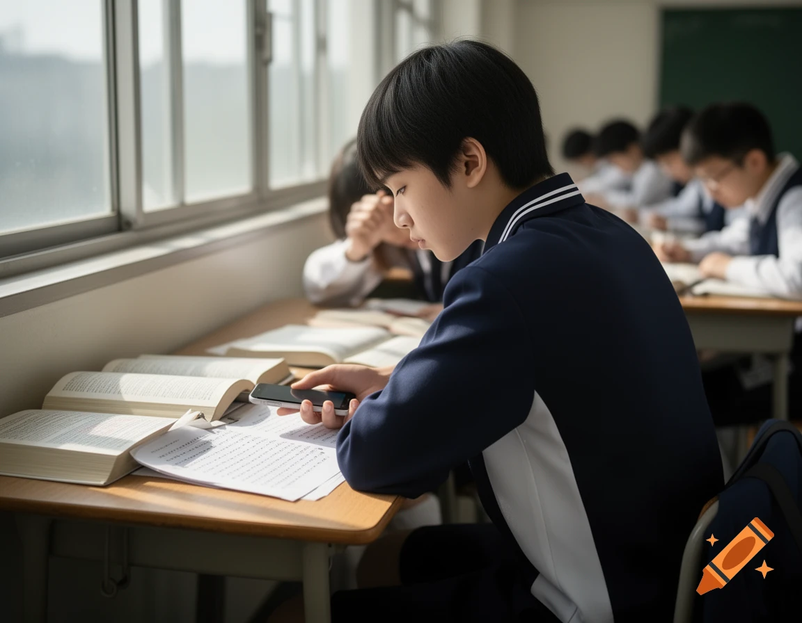 A young student in a navy and white uniform secretly uses a smartphone at a wooden desk with open books in a classroom.