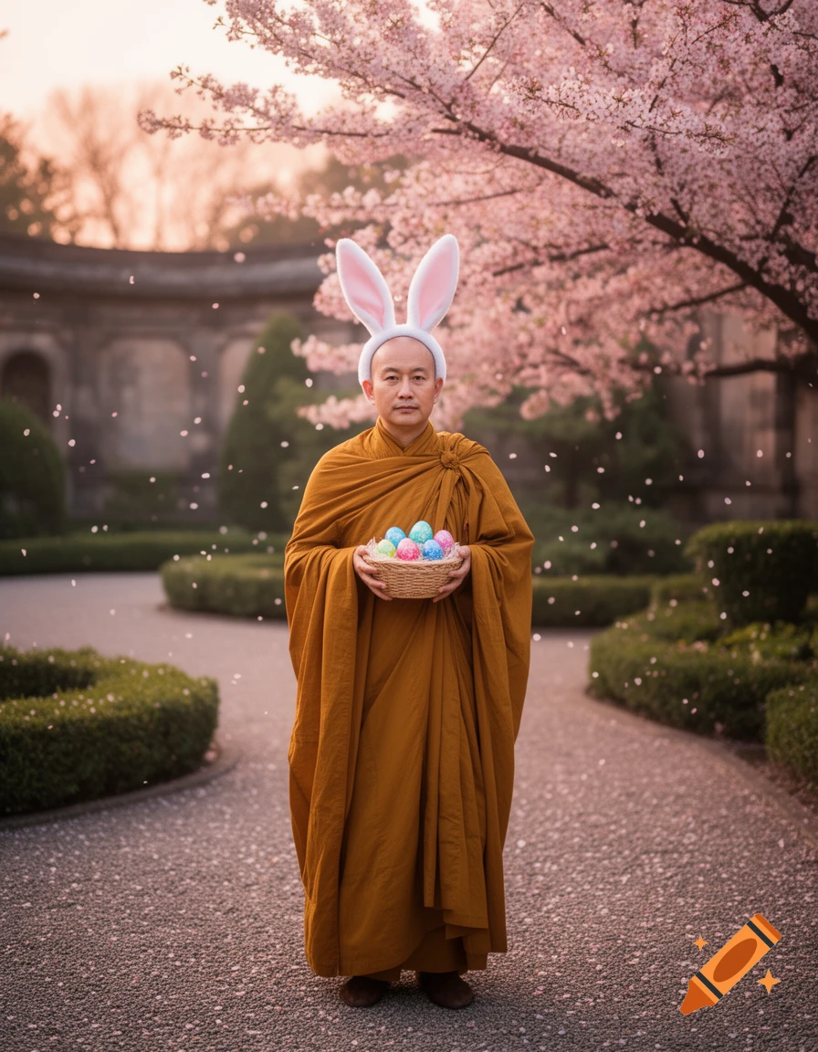 A Buddhist monk wearing bunny ears holds a basket of colorful Easter eggs under a cherry blossom tree, with petals falling.