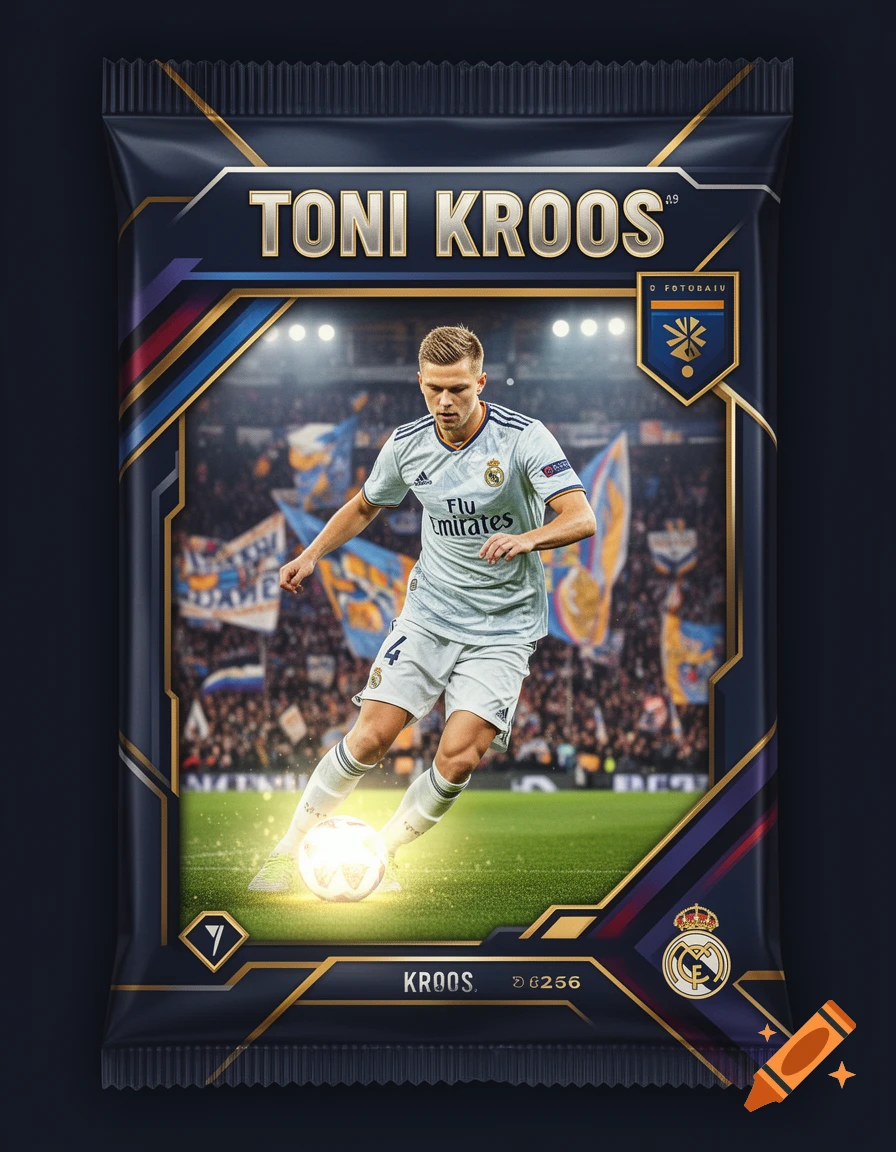 A stylized football trading card pack featuring a full-body shot of Toni Kroos in a white Real Madrid kit, kicking a glowing ball on a stadium field.